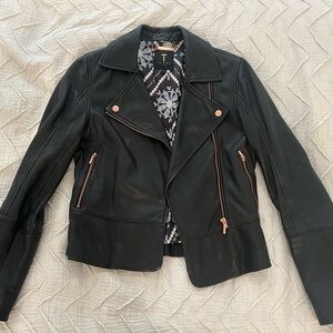 Ted Baker Black Leather Jacket with Rose Gold Accents